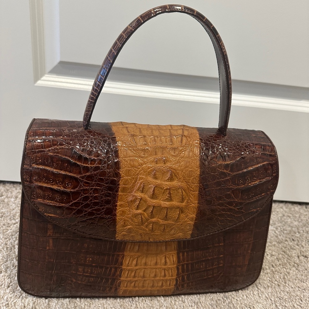 Elegant Brown and Tan Crocodile Pattern Handbag